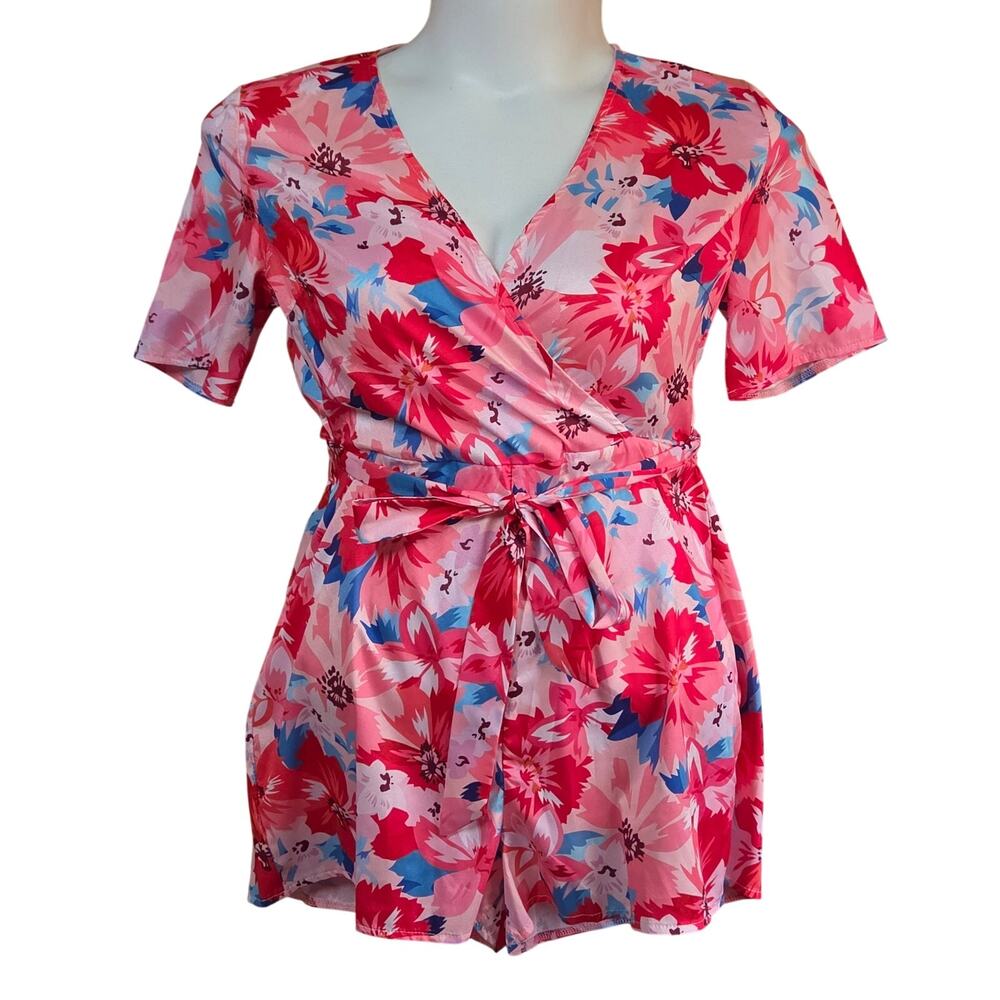 Pink Floral V Neck Belted Romper Size Large